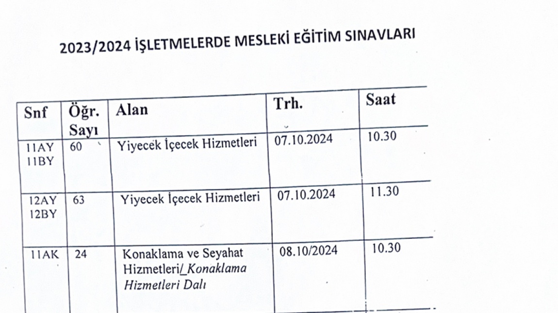 İŞLETMELERDE MESLEKİ EĞİTİM SINAVLARI TAKVİMİ